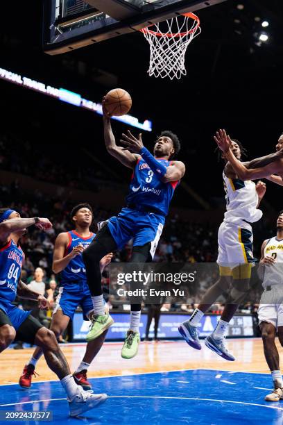 Davion Warren of the Long Island Nets goes to the basket against the Indiana Mad Ants on March 20, 2024 at Nassau Coliseum in Uniondale, New York....