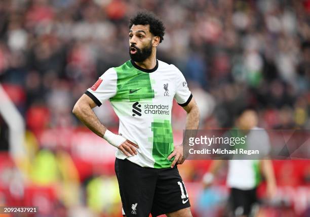 Mohammed Salah of Liverpool looks on during the Emirates FA Cup Quarter Final between Manchester United and Liverpool FC at Old Trafford on March 17,...