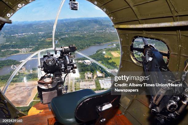 View from the bombardier's seat aboard the World War Two B-17 Flying Fortress, "Memphis Belle" during a visit to Albany International Airport Monday,...