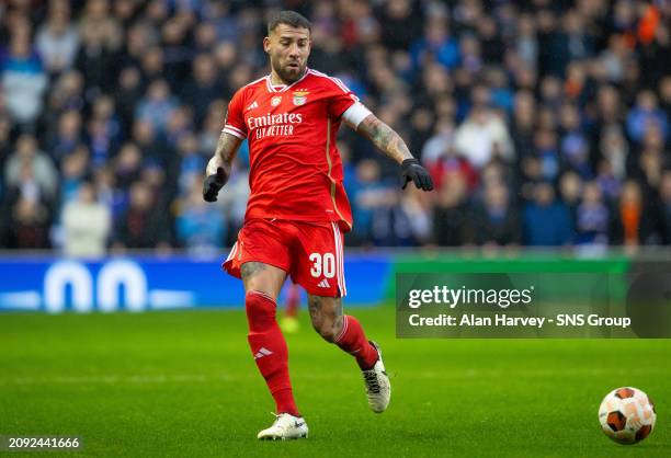 Benfica's Nicolas Otamendi in action during a UEFA Europa League Round of 16 second leg match between Rangers and Benfica at Ibrox Stadium, on March...