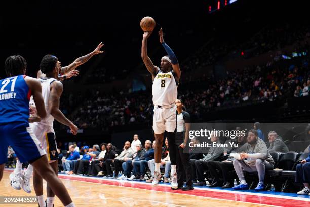 Cameron McGriff of the Indiana Mad Ants shoots the ball against the Long Island Nets on March 20, 2024 at Nassau Coliseum in Uniondale, New York....