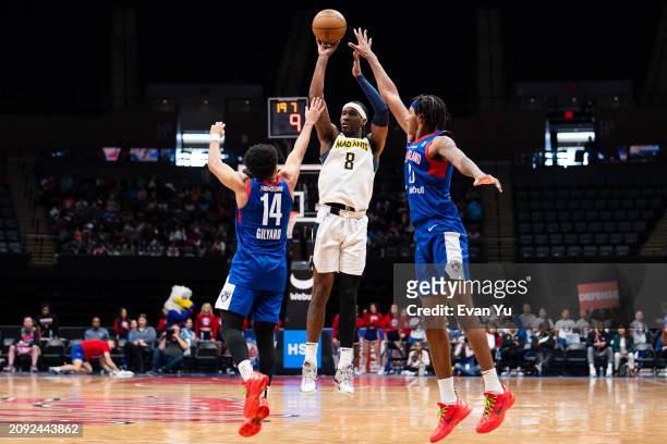 Cameron McGriff of the Indiana Mad Ants shoots the ball against the Long Island Nets on March 20, 2024 at Nassau Coliseum in Uniondale, New York....
