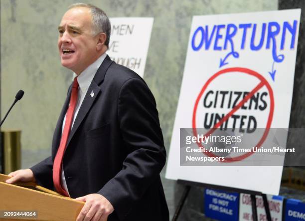 Comptroller Thomas P. DiNapoli speaks during a pro democracy rally to rein in campaign spending at the Legislative Office Building Wednesday January...