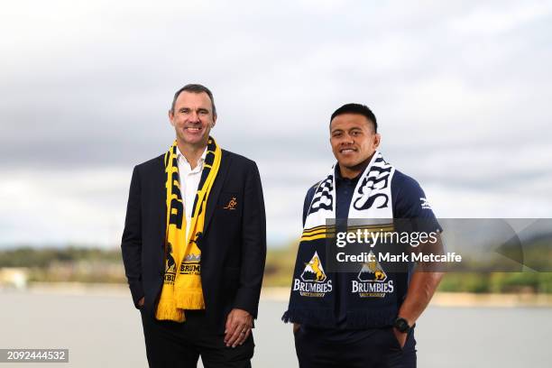 President and Classic Wallaby Joe Roff and ACT Brumbies and Wallabies Player Allan Alaalatoa pose during the British & Irish Lions Tour of Australia...