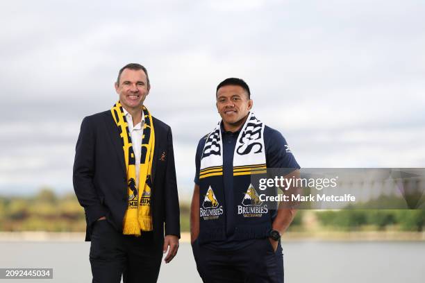 President and Classic Wallaby Joe Roff and ACT Brumbies and Wallabies Player Allan Alaalatoa pose during the British & Irish Lions Tour of Australia...