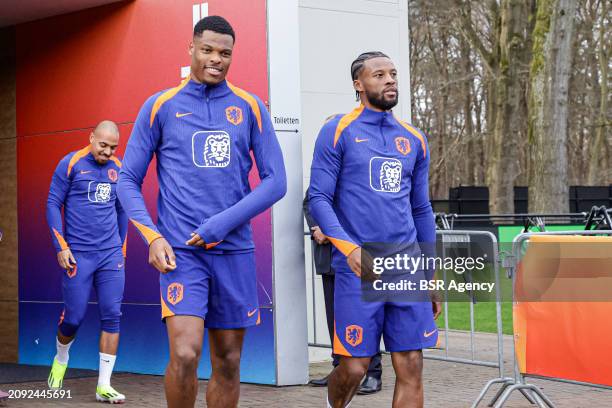 Denzel Dumfries of The Netherlands, Georginio Wijnaldum of The Netherlands arriving during the Training session of the Netherlands National Football...