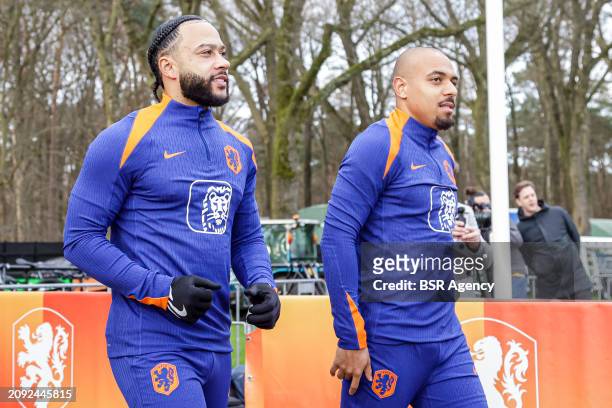 Memphis Depay of The Netherlands, Donyell Malen of The Netherlands arriving during the Training session of the Netherlands National Football Team at...