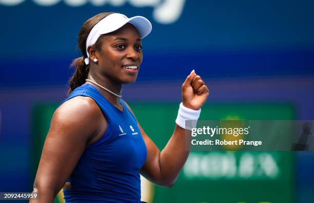 Sloane Stephens of the United States in action against Angelique Kerber of Germany in their first round match on Day 5 of the Miami Open Presented by...