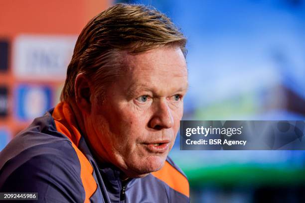 Head coach Ronald Koeman of The Netherlands talking during the Press conference of the Netherlands National Football Team at KNVB Campus on March 18,...