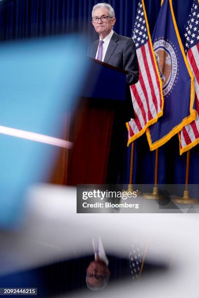 Jerome Powell, chairman of the US Federal Reserve, during a news conference following a Federal Open Market Committee meeting in Washington, DC, US,...