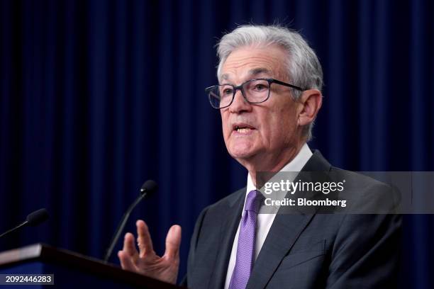 Jerome Powell, chairman of the US Federal Reserve, during a news conference following a Federal Open Market Committee meeting in Washington, DC, US,...