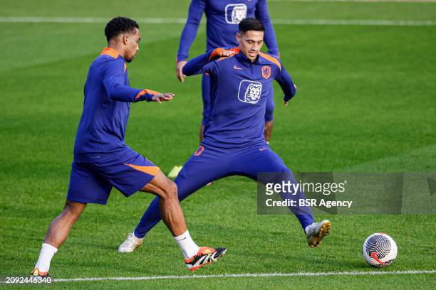 Quinten Timber of The Netherlands, Tijjani Reijnders of The Netherlands battle for the ball during the Training session of the Netherlands National...