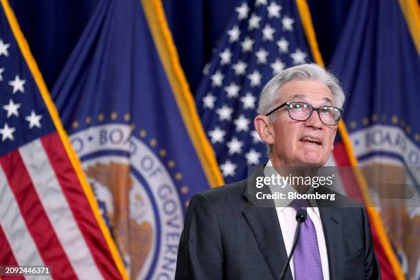 Jerome Powell, chairman of the US Federal Reserve, during a news conference following a Federal Open Market Committee meeting in Washington, DC, US,...