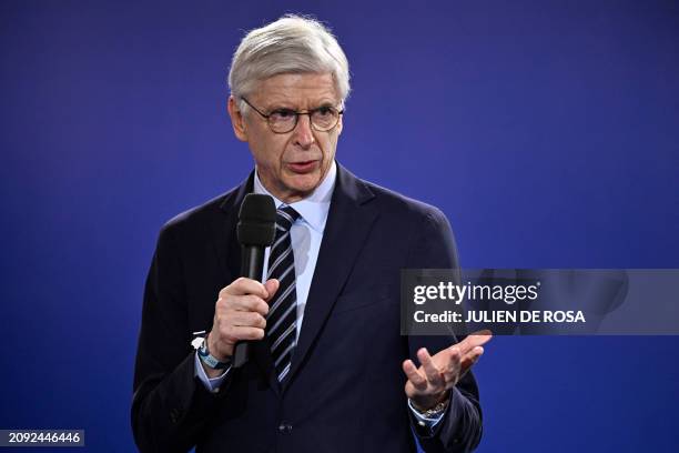 S Chief of Global Football Development Arsene Wenger speaks during the draw ceremony for the Paris 2024 Olympic football tournaments at the Paris...