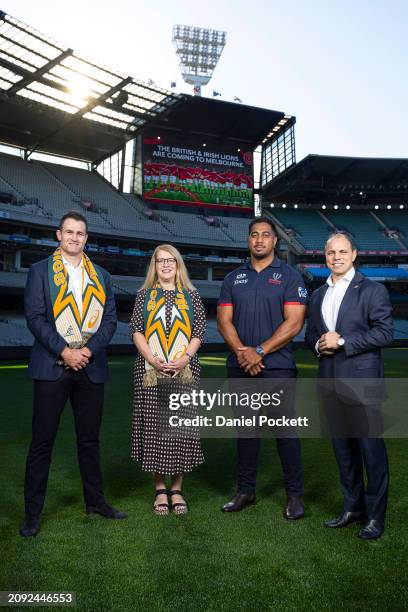 Former Wallaby James Horwill, Director Major Events Visit Victoria Kelly Dickson, Wallaby player Pone Fa’amausili of the Melbourne Rebels and Rugby...