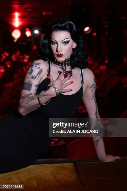Drag queen and burlesque performer Violet Chachki poses during a photo session at the Crazy Horse cabaret in Paris on March 11, 2024. Violet Chachki...