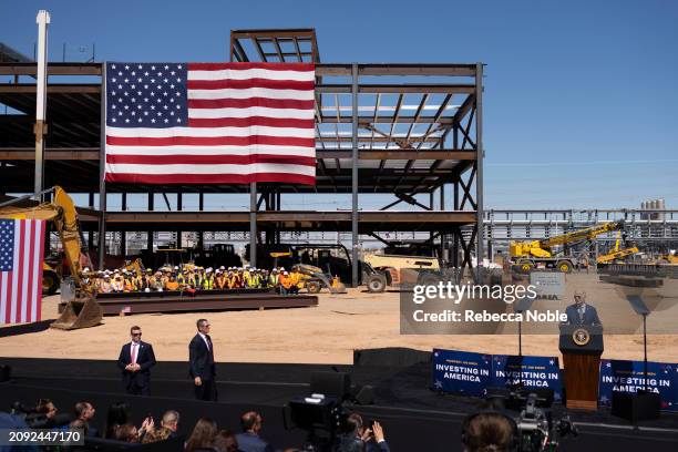 President Joe Biden gives a speech at Intel Ocotillo Campus on March 20, 2024 in Chandler, Arizona. Biden announced $8.5 billion in federal funding...