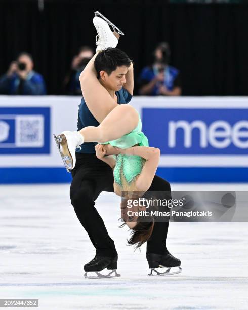 Riku Miura and Ryuichi Kihara of Japan compete in the Pairs Short Program during the ISU World Figure Skating Championships at the Bell Centre on...
