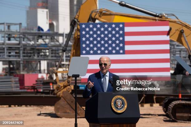 President Joe Biden gives a speech at Intel Ocotillo Campus on March 20, 2024 in Chandler, Arizona. Biden announced $8.5 billion in federal funding...
