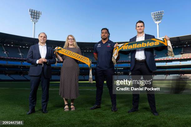 Rugby Australia CEO Phil Waugh, Director Major Events Visit Victoria Kelly Dickson, Wallaby player Pone Fa’amausili of the Melbourne Rebels and...