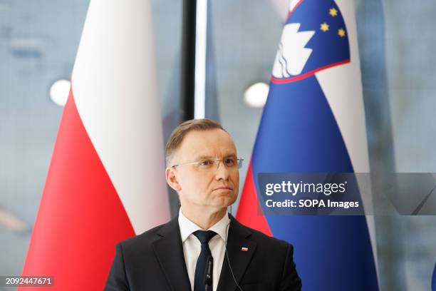 Polish president Andrzej Duda attends a press conference after he meets with Slovenian president Nataa Pirc Musar at the Brdo estate near Kranj....