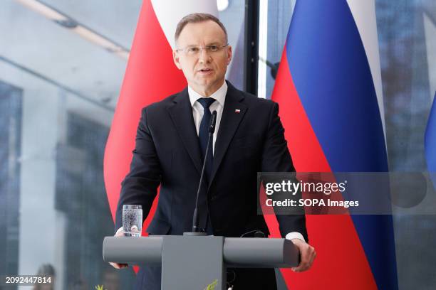 Polish president Andrzej Duda speaks at a press conference after he meets with Slovenian president Nataa Pirc Musar at the Brdo estate near Kranj....