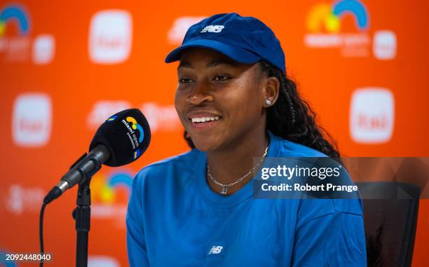 Coco Gauff of the United States talks to the media during Media Day on Day 5 of the Miami Open Presented by Itau at Hard Rock Stadium on March 20,...