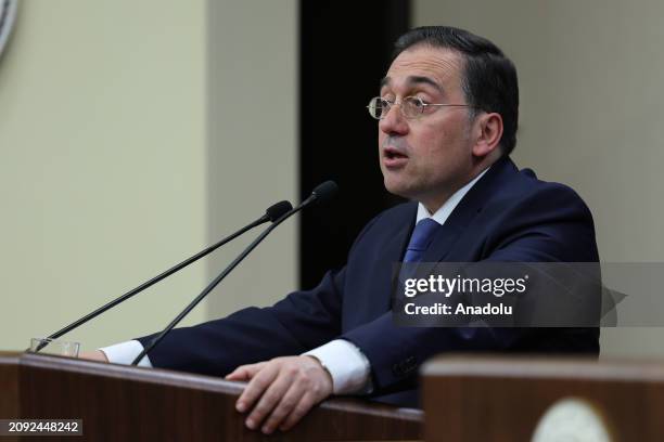 Turkish Foreign Minister Hakan Fidan and Spanish Foreign Minister Jose Manuel Albares hold a joint press conference following their meeting in...