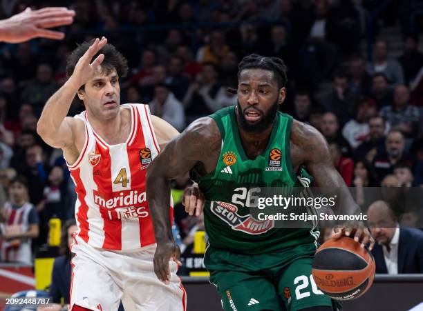 Mathias Lessort, #26 of Panathinaikos AKTOR Athens in action against Milos Teodosic, #4 of Crvena Zvezda Meridianbet Belgrade during the Turkish...