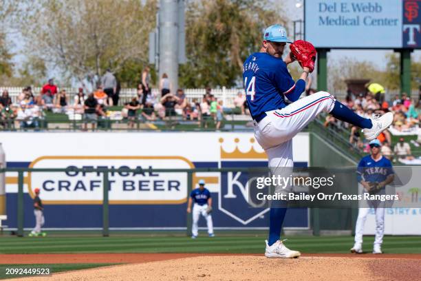 Andrew Heaney of the Texas Rangers pitches during a spring training game against the San Francisco Giants at Surprise Stadium on February 25, 2024 in...