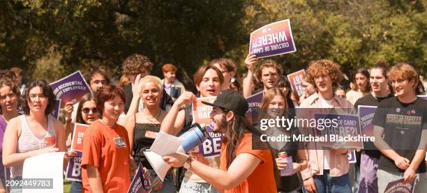 Los Angeles, CA Noah Weitzner, Junior, Senior, talks through the microphone during a union rally for the university to recognize their union at...