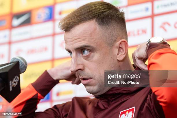 Kamil Grosicki is speaking at the team Poland press conference before the Euro 2024 play-off match against Estonia in Warsaw, Poland, on March 20,...
