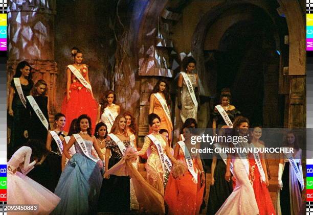 Contestants of the Miss World beauty pageant are pictured 23 November at Chinnaswamy Stadium in Bangalore. Miss Tahiti stands at bottom, center-right.