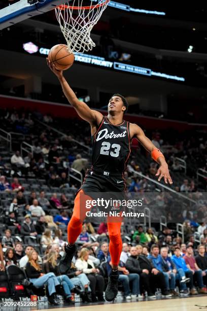 Jaden Ivey of the Detroit Pistons shoots the ball against the Indiana Pacers during the second quarter at Little Caesars Arena on March 20, 2024 in...