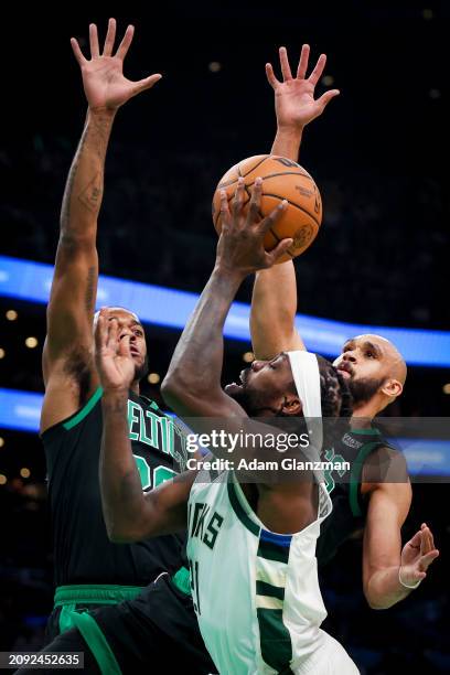 Patrick Beverley of the Milwaukee Bucks drives to the basket against the Boston Celtics at TD Garden on March 20, 2024 in Boston, Massachusetts. NOTE...