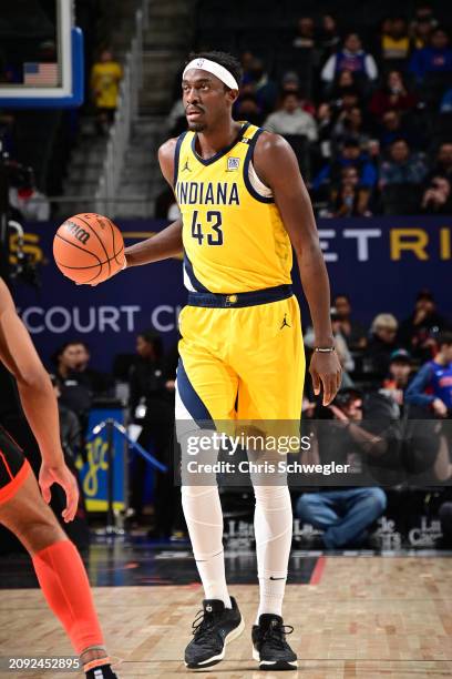 Pascal Siakam of the Indiana Pacers handles the ball during the game against the Detroit Pistons on March 20, 2024 at Little Caesars Arena in...