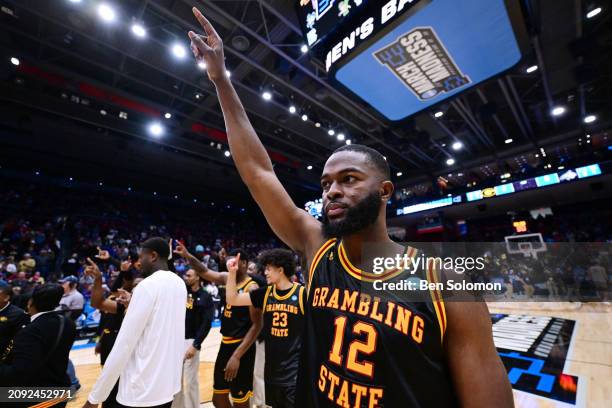 Jonathan Aku of the Grambling State Tigers celebrates a win over the Montana State Bobcats during the First Four round of the 2024 NCAA Men's...