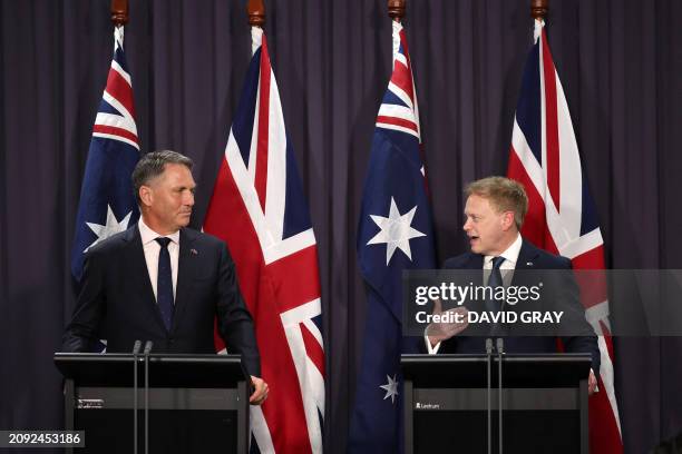 Australia's Deputy Prime Minister and Minister for Defence Richard Marles and Britain's Secretary of State for Defence Grant Shapps hold a press...