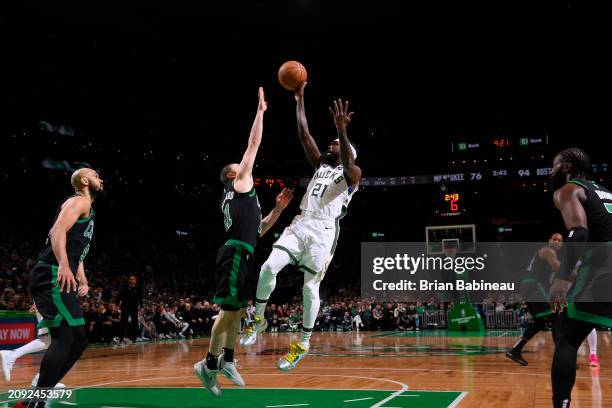 Patrick Beverley of the Milwaukee Bucks shoots the ball during the game against the Boston Celtics on March 20, 2024 at the TD Garden in Boston,...
