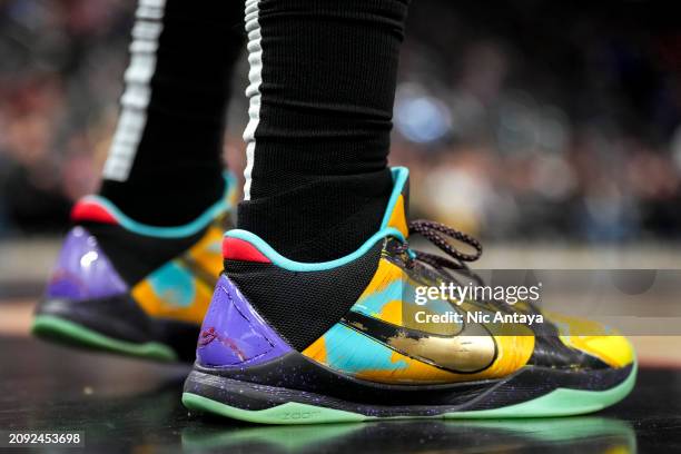 Detail of the Nike sneakers worn by Chimezie Metu of the Detroit Pistons against the Indiana Pacers during the fourth quarter at Little Caesars Arena...