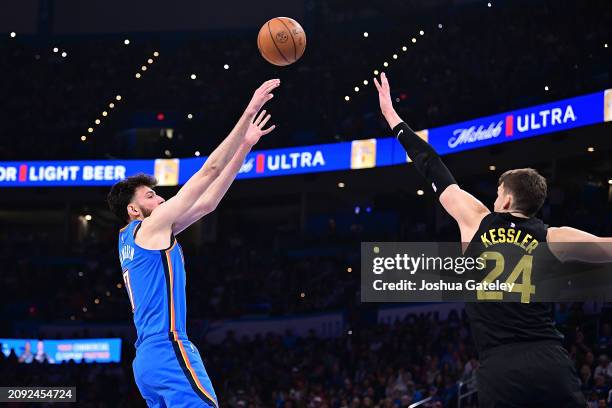 Chet Holmgren of the Oklahoma City Thunder puts up a shot during the second half against the Utah Jazz at Paycom Center on March 20, 2024 in Oklahoma...