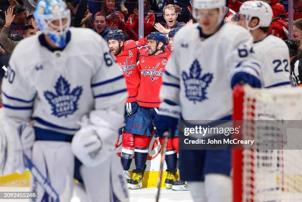 Alex Ovechkin of the Washington Capitals celebrates a goal in the third period during a game against the Toronto Maple Leafs at Capital One Arena on...