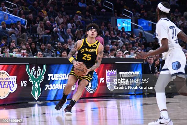 Lester Quinones of the Golden State Warriors shoots the ball during the game against the Memphis Grizzlies on March 20, 2024 at Chase Center in San...