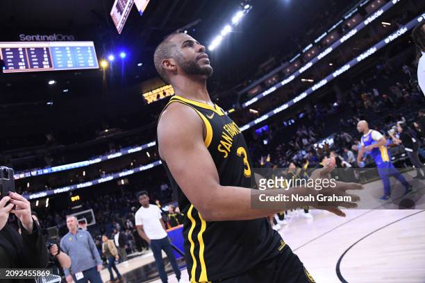 Chris Paul of the Golden State Warriors looks on after the game against the Memphis Grizzlies on March 20, 2024 at Chase Center in San Francisco,...