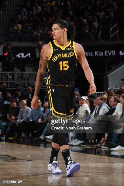 Gui Santos of the Golden State Warriors looks on during the game against the Memphis Grizzlies on March 20, 2024 at Chase Center in San Francisco,...