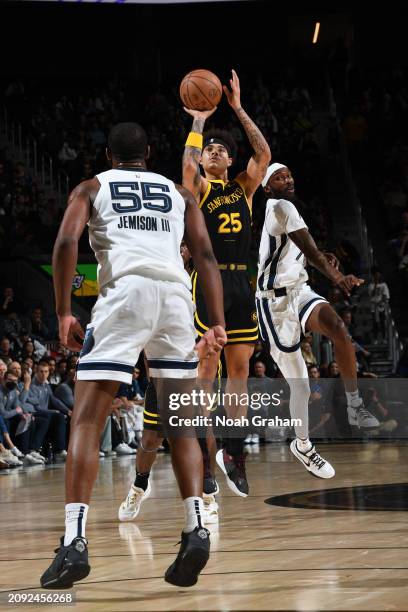 Lester Quinones of the Golden State Warriors drives to the basket during the game against the Memphis Grizzlies on March 20, 2024 at Chase Center in...