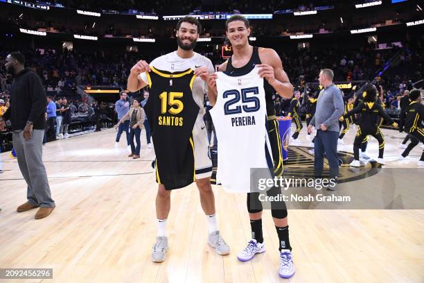Gui Santos of the Golden State Warriors and Maozinha Pereira of the Memphis Grizzlies exchange jerseys after the game on March 20, 2024 at Chase...