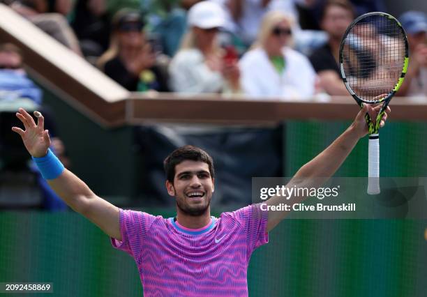 Carlos Alcaraz of Spain celebrates match point against Daniil Medvedev in the Men's Final during the BNP Paribas Open at Indian Wells Tennis Garden...