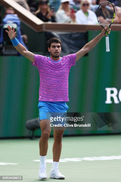 Carlos Alcaraz of Spain celebrates match point against Daniil Medvedev in the Men's Final during the BNP Paribas Open at Indian Wells Tennis Garden...
