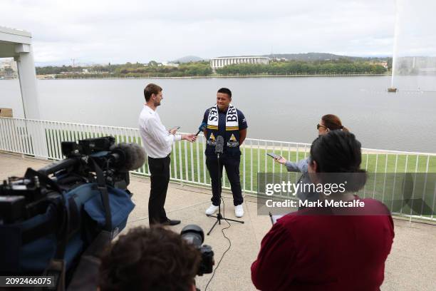 Brumbies and Wallabies Player Allan Alaalatoa speaks during the British & Irish Lions Tour of Australia Tickets On Sale National Media Opportunity at...